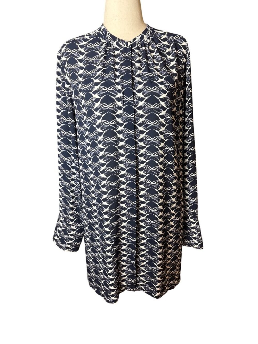 Chicos Navy & White Bird Print Tunic Blouse Size 3 (16/18) Polyester Long Sleeve